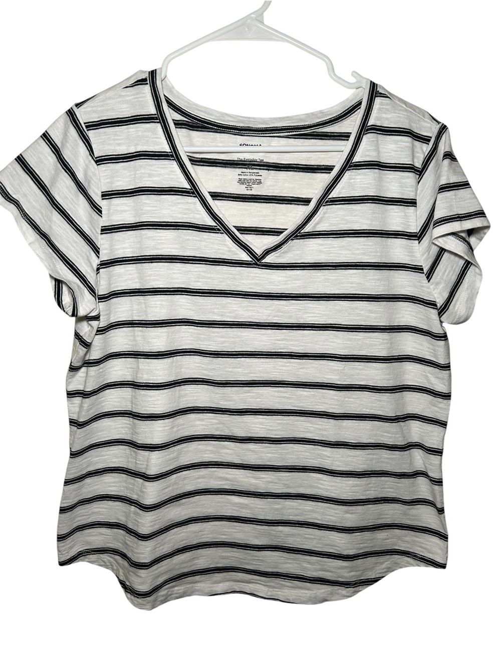 Sonoma White & Black Striped V-Neck Short Sleeve Tee Casual Business Hippie Chic